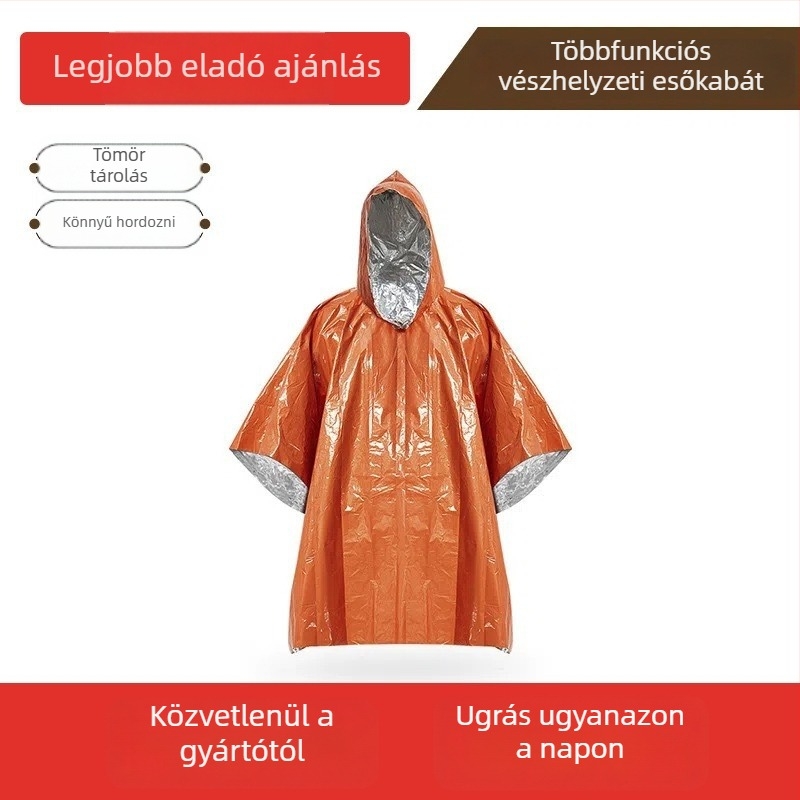 Szabadban használt sürgősségi hőszigetelő takaró, kétoldalas, szélálló, alumíniumfóliás túlélőtakaró, modell Raincoat
