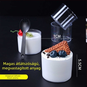 Egyszer használatos pohár fedővel desszertekhez — melamin, hengeres forma, mousse, zselé, puding és torta
