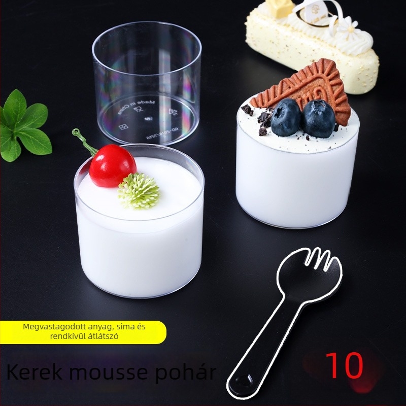 Egyszer használatos pohár fedővel desszertekhez — melamin, hengeres forma, mousse, zselé, puding és torta