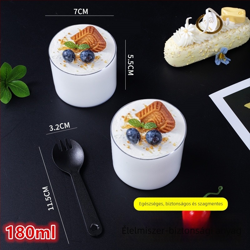 Egyszer használatos pohár fedővel desszertekhez — melamin, hengeres forma, mousse, zselé, puding és torta