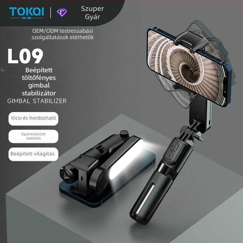 L09 kézi stabilizátor Bluetooth‑os selfie bottal, szépségfénnyel, rázkódás elleni stabilizáció, VLOG, mini egytengelyes gimbal
