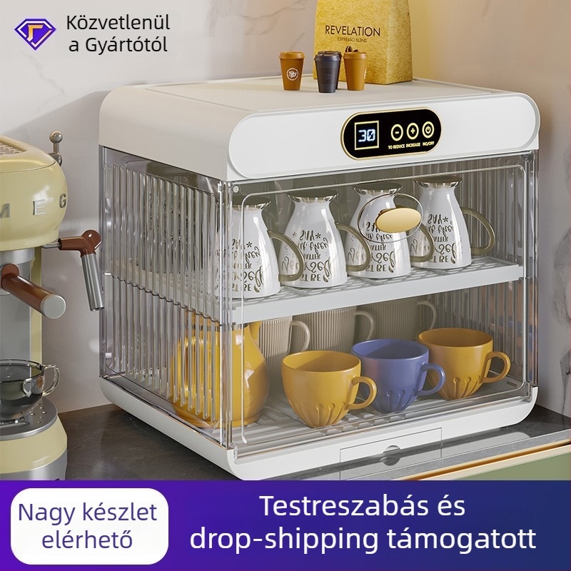 Edények szárítására és sterilizálására szolgáló szekrény — kompakt, mindent egyben UV-szekrény fedéllel és öblítő polccal; anyag PP+PET, márka Yile, eredet Taizhou