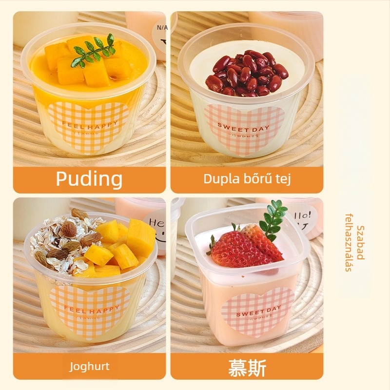Dupla falú puding pohár fedővel, egyszer használatos műanyag pohár, PP, 201-300 ml, márka ZBER