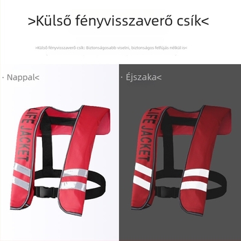 Felnőtt méretű, kézi és automata felfújású, több fényvisszaverő csíkkal ellátott úszó mentőmellény, nyakban hordható kivitel, horgászathoz és úszáshoz