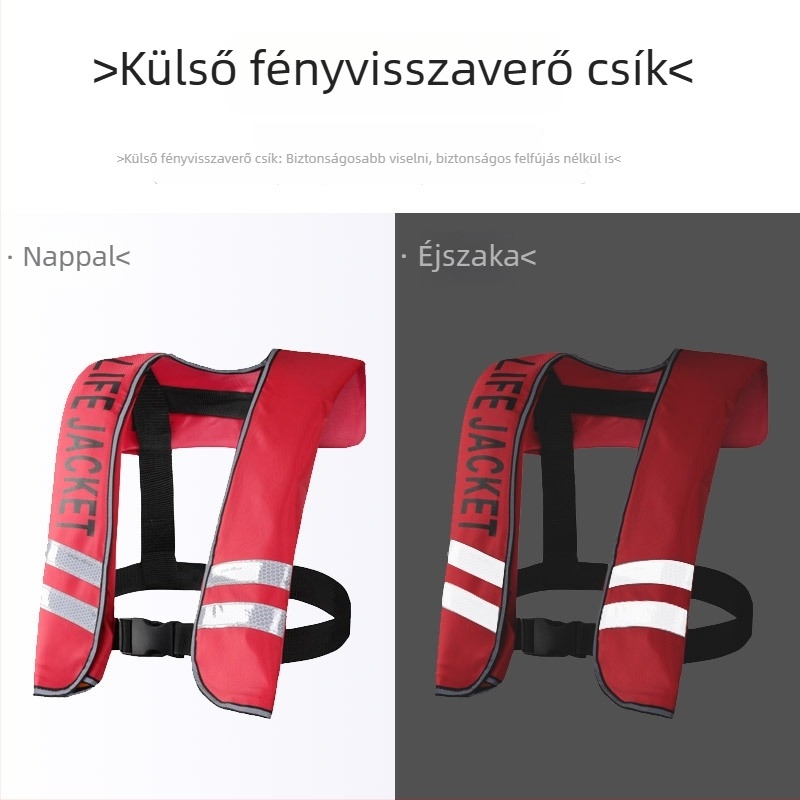 Felnőtt méretű, kézi és automata felfújású, több fényvisszaverő csíkkal ellátott úszó mentőmellény, nyakban hordható kivitel, horgászathoz és úszáshoz