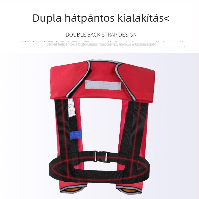 Felnőtt méretű, kézi és automata felfújású, több fényvisszaverő csíkkal ellátott úszó mentőmellény, nyakban hordható kivitel, horgászathoz és úszáshoz