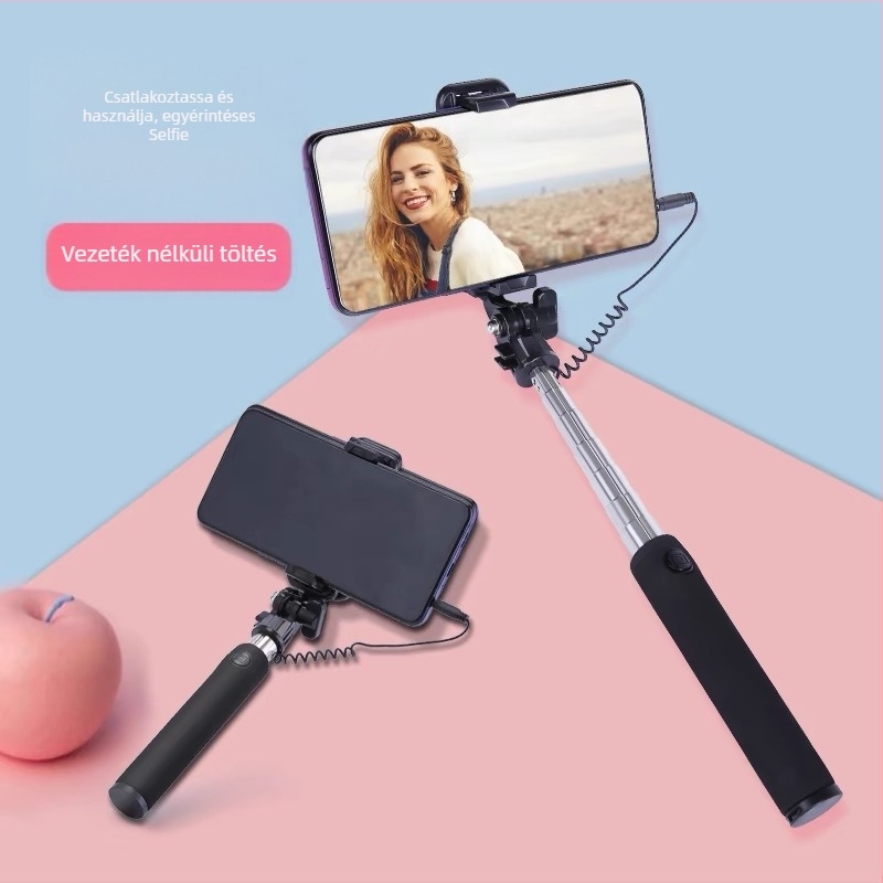 Selfie stick vezetékes távirányítóval és Bluetooth-kapcsolattal, Android-kompatibilis, ötvözetből készült test, beépített fény