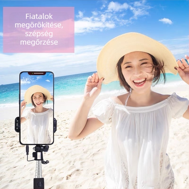 Selfie stick vezetékes távirányítóval és Bluetooth-kapcsolattal, Android-kompatibilis, ötvözetből készült test, beépített fény