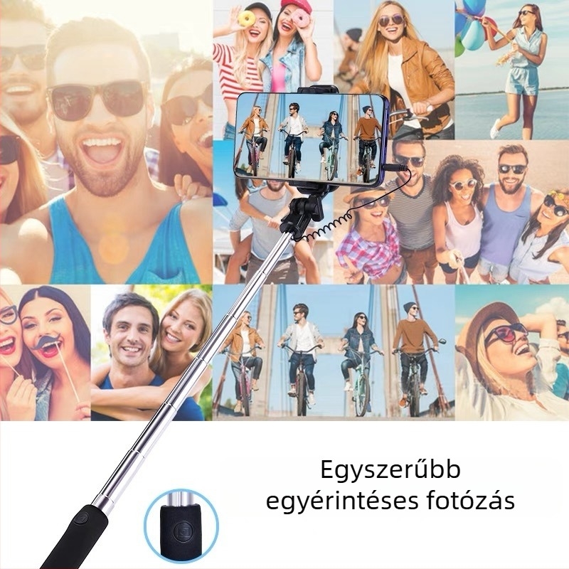 Selfie stick vezetékes távirányítóval és Bluetooth-kapcsolattal, Android-kompatibilis, ötvözetből készült test, beépített fény