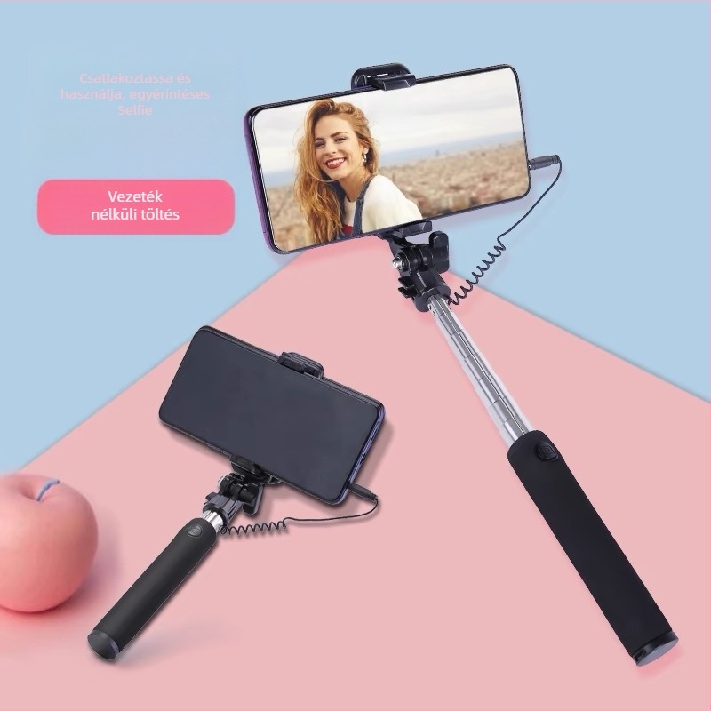 Selfie stick vezetékes távirányítóval és Bluetooth-kapcsolattal, Android-kompatibilis, ötvözetből készült test, beépített fény