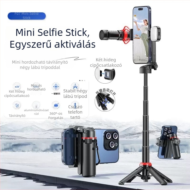 F07 Zoom Mini Selfie Bot négylábú állvánnyal, alumíniumötvözet, Bluetooth távvezérlő, IBIS-támogatás