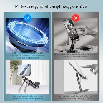 Asztali telefon-tartó 360°-os forgatással, mágneses rögzítés, rezgéscsillapító, cinkötvözet ABS+PC