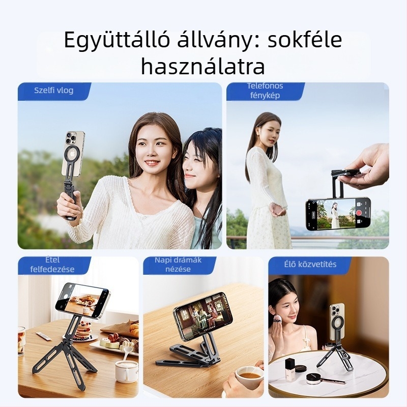 Mágneses telefon-tartó alumíniumötvözetből, univerzális, összecsukható, állvány élő közvetítéshez