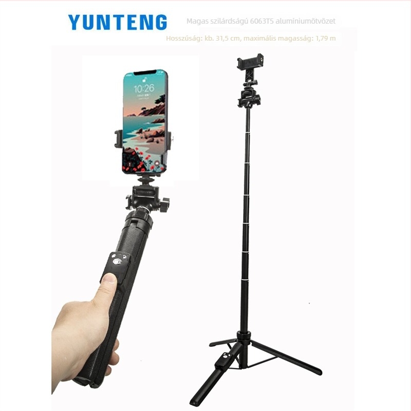 Selfie stick tripod all-in-one keret – alumíniumötvözet, modell VCT-6688, Bluetooth távirányító, rezgés elleni stabilizáció