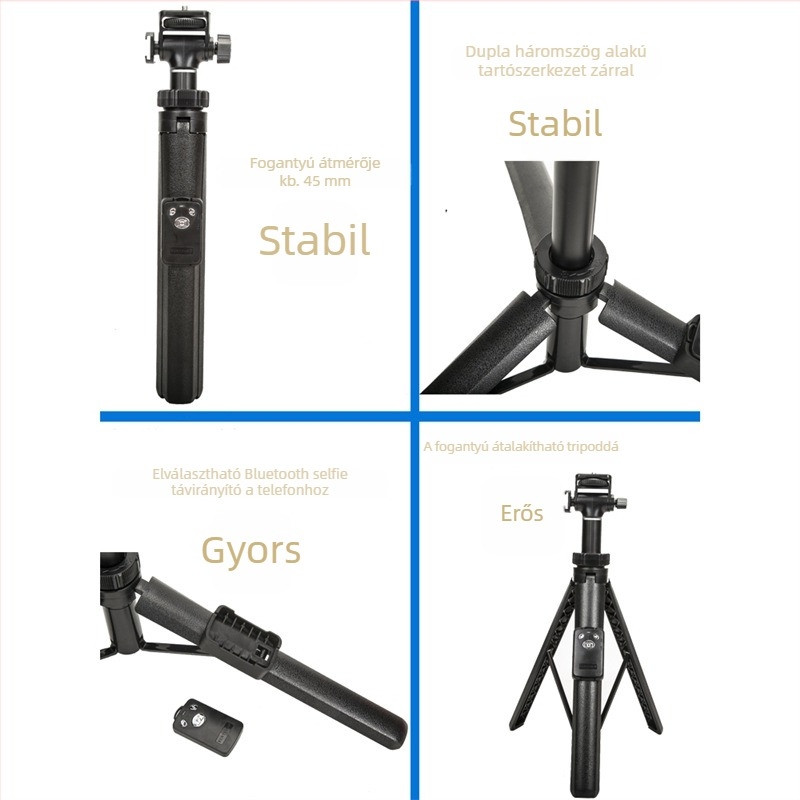 Selfie stick tripod all-in-one keret – alumíniumötvözet, modell VCT-6688, Bluetooth távirányító, rezgés elleni stabilizáció
