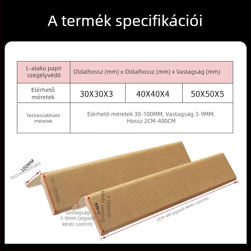 L- és U-alakú papírsarokvédő bútorokhoz és csomagoláshoz; anyag: kraftpapír + gézcsőpapír; gyártási folyamat szerint; logó nyomtatva; licencelt magánmárkák: igen