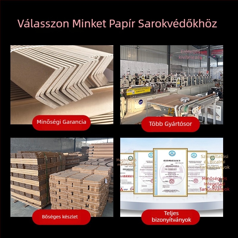 L- és U-alakú papírsarokvédő bútorokhoz és csomagoláshoz; anyag: kraftpapír + gézcsőpapír; gyártási folyamat szerint; logó nyomtatva; licencelt magánmárkák: igen