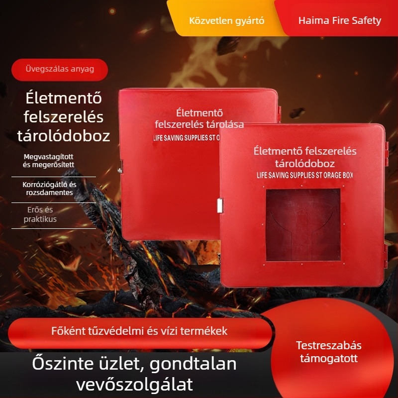 Üvegszálas életmentő eszközök tároló szekrénye átlátszó ajtóval