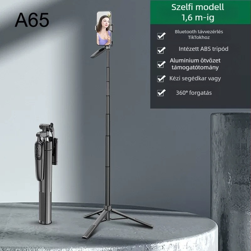 A65 mobiltelefonos selfie pálca – állítható tripod, stabilizátor, távirányító, Bluetooth – alumínium ABS