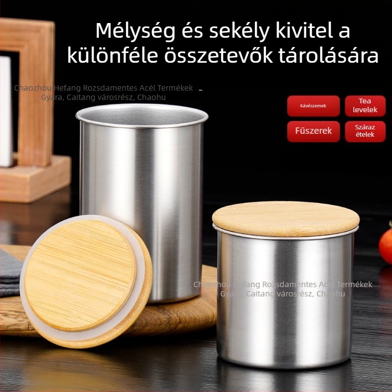 304 rozsdamentes acélból készült zárható tárolóedény kávébabok és tea számára, nedvességálló, kerek formájú, 301–500 ml