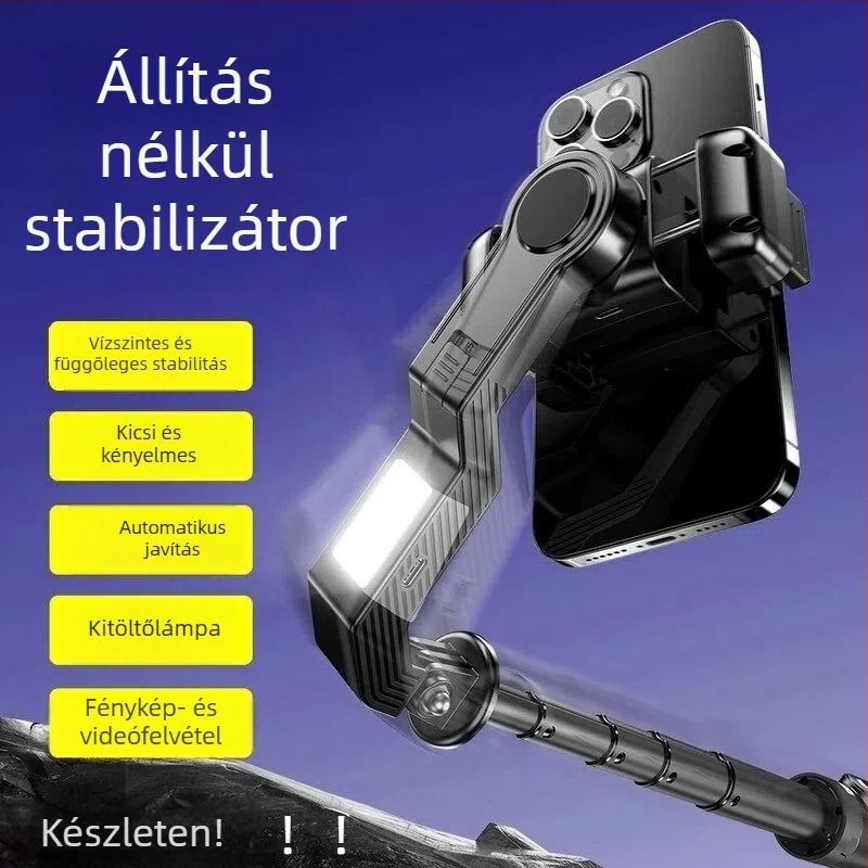 AI okos kézi stabilizátor élő közvetítésekhez fényes világítással, kihúzható alumínium ötvözetes telefon-tartó, Bluetooth távirányító, képstabilizálás