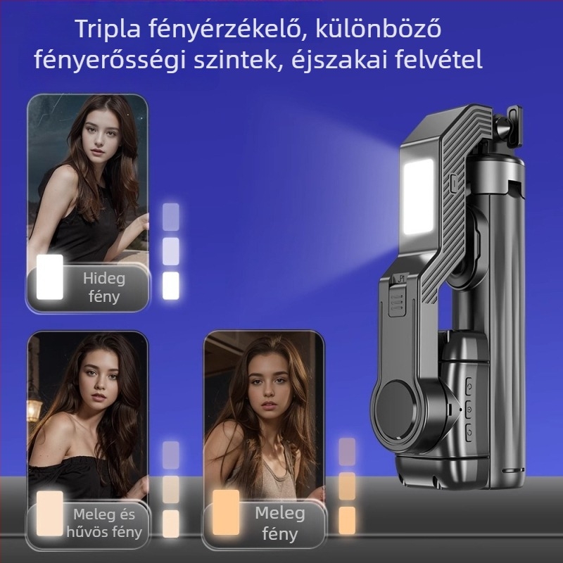 AI okos kézi stabilizátor élő közvetítésekhez fényes világítással, kihúzható alumínium ötvözetes telefon-tartó, Bluetooth távirányító, képstabilizálás