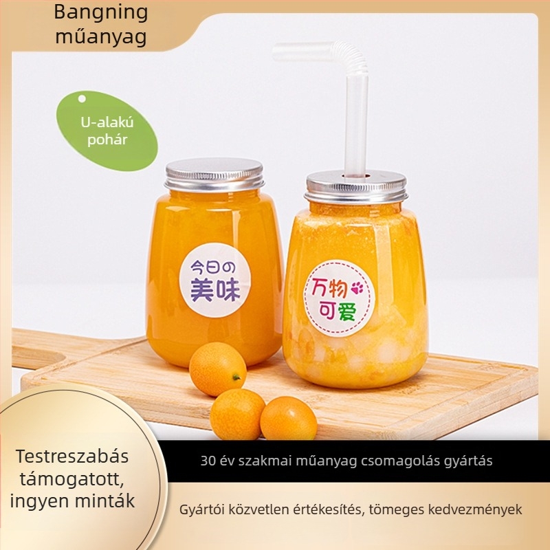 PET kozmetikai/élelmiszer csomagolású palack, U-formájú, átlátszó test, alumínium kupakkal, kapacitás 360ml/500ml, szitanyomás