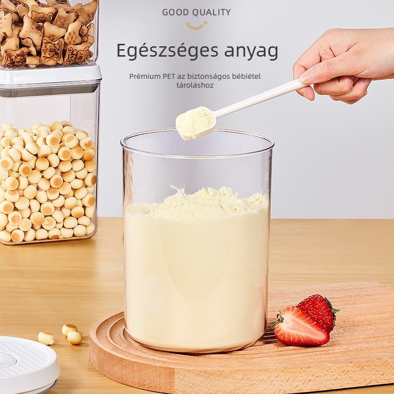 Műanyag négyszögletes tárolóüveg nyomással záródó fedővel, élelmiszer-minőségű, 1–2 literes kapacitás
