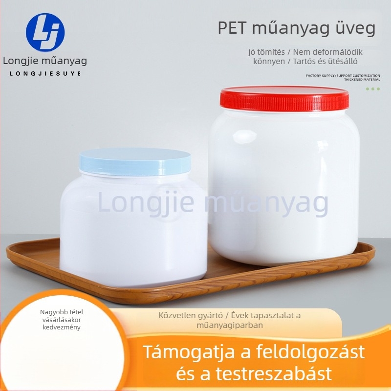 Műanyag tartály széles nyílással háziállatok tejpor és fehérje por tárolására, 500 ml vagy 1000 ml kapacitás, fedéllel.