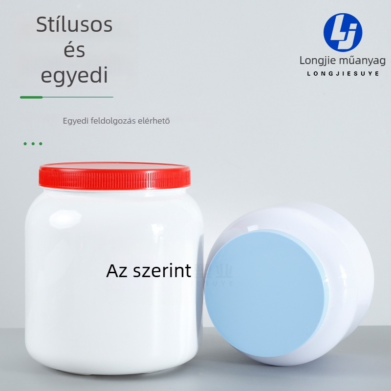 Műanyag tartály széles nyílással háziállatok tejpor és fehérje por tárolására, 500 ml vagy 1000 ml kapacitás, fedéllel.