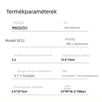 Yesido Szelfibot Tripod rozsdamentes acélból, Bluetooth és távirányító