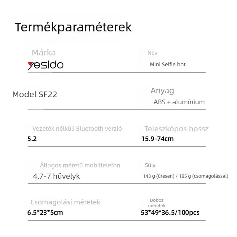 Yesido Szelfibot Tripod rozsdamentes acélból, Bluetooth és távirányító