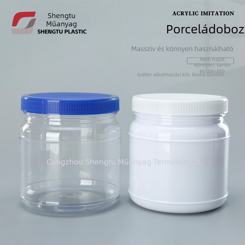 Átlátszó PET tartály fehérje porhoz, széles nyílású, 1000 ml, műanyag kupakkal