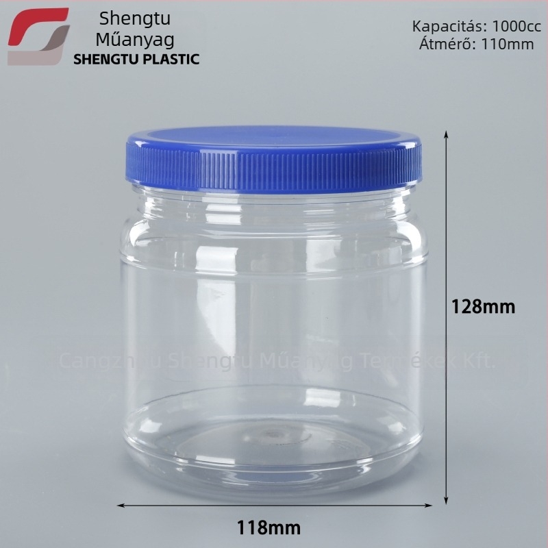 Átlátszó PET tartály fehérje porhoz, széles nyílású, 1000 ml, műanyag kupakkal