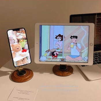 Univerzális fém telefon-tartó 360°-os forgással, asztali állvány retro fa textúrával a műsorok nézéséhez és élő közvetítéshez