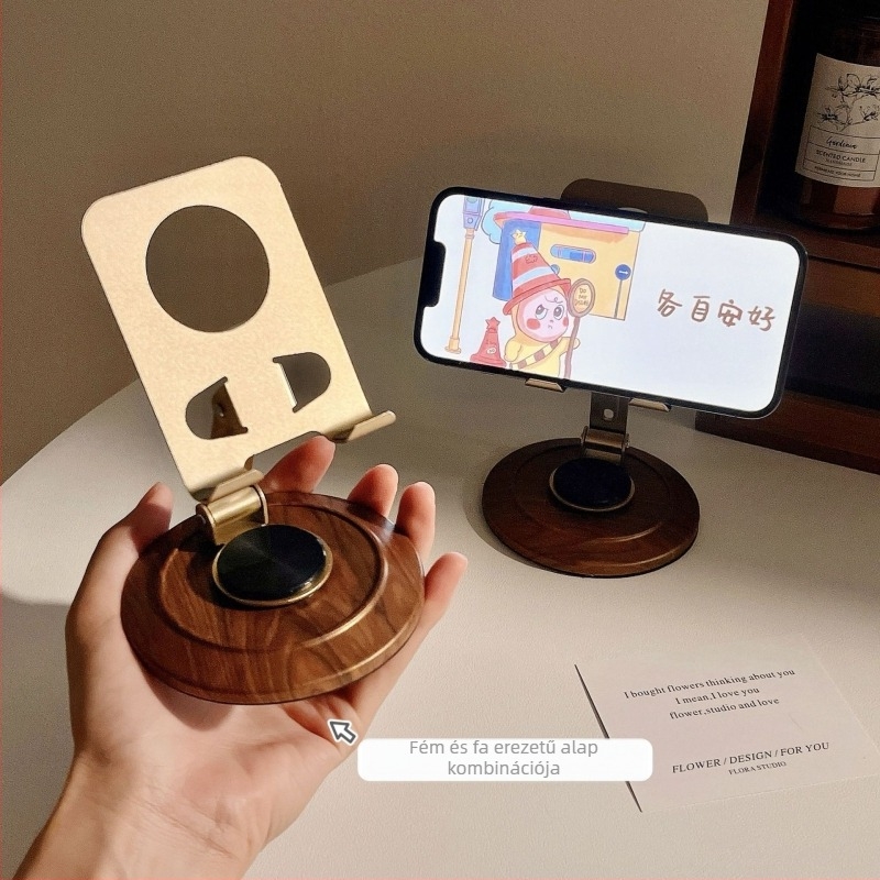 Univerzális fém telefon-tartó 360°-os forgással, asztali állvány retro fa textúrával a műsorok nézéséhez és élő közvetítéshez