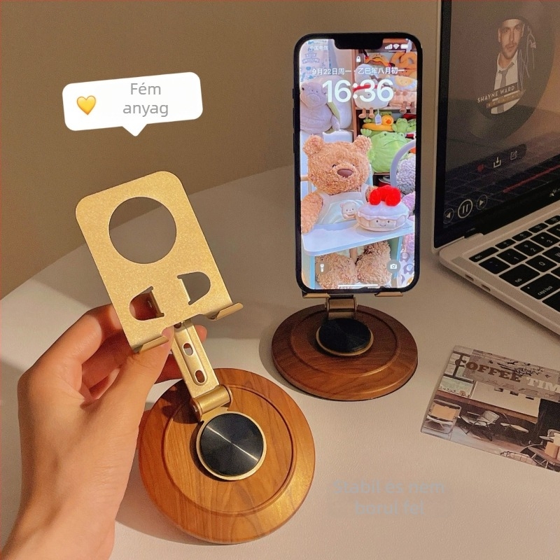 Univerzális fém telefon-tartó 360°-os forgással, asztali állvány retro fa textúrával a műsorok nézéséhez és élő közvetítéshez