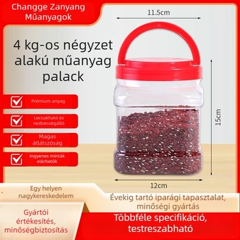 Négyzet alakú PET méz tároló tégely fogantyús fedővel, zárható vastabb műanyagból, általános csomagolás