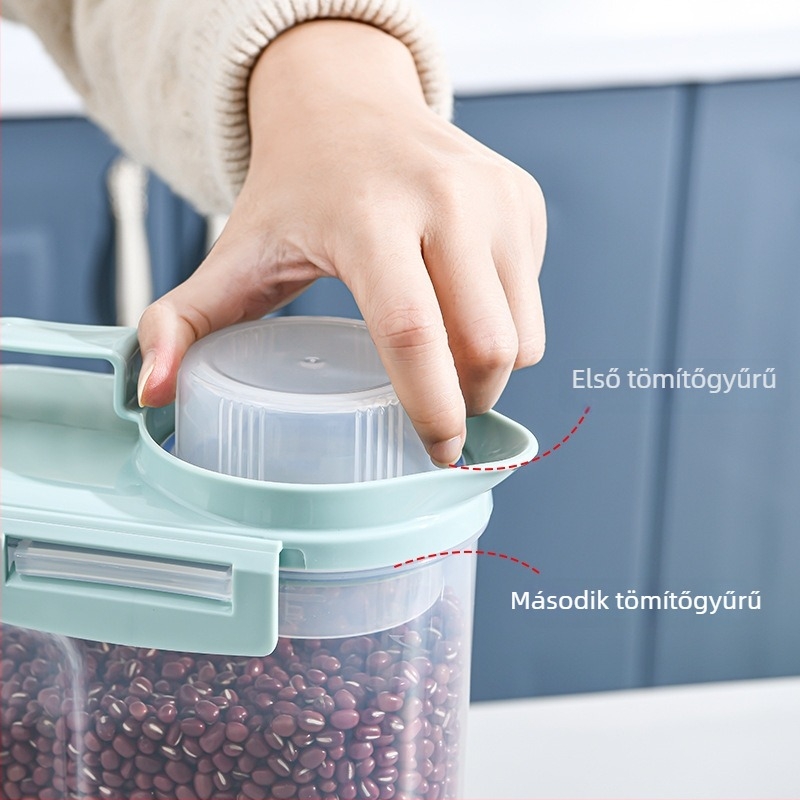 Gabonatároló tartály – nedvességálló, zárható, kapacitás 2,1–3 L, műanyag