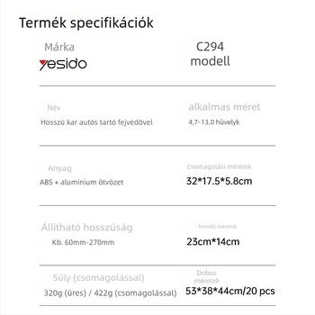 yesido Hátsó ülésre szerelhető telefon-tartó alumíniumötvözetből, teleszkópos kar – univerzális rögzítés tabletákhoz és okostelefonokhoz