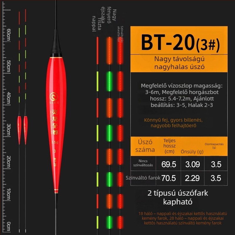 70 cm fénylő elektronikus úszó kemény farokkal nagy halakhoz — magas érzékenység, nappali és éjszakai használat