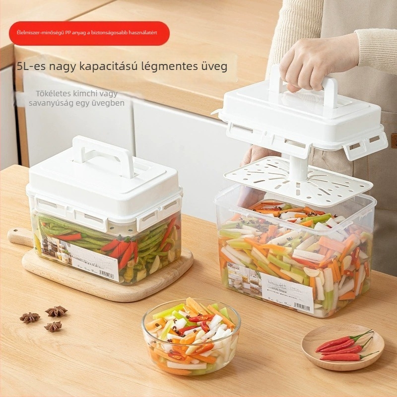 Koreai stílusú prészáró záróüveg savanyúságokhoz, élelmiszer-minőségű műanyagból, négyzetes alak, kapacitás 4,1–5 L