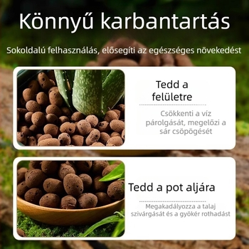 Expandált agyag alapú tápanyagban gazdag talaj szukkulensek számára; alkalmas cserepekhez, növényültetéshez, akváriumokhoz és hidropóniához; vulkáni kövek a lélegző drénhez