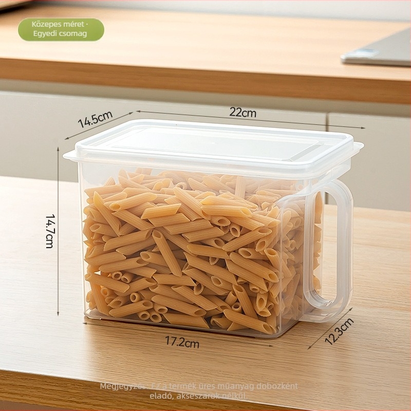 Műanyag téglalap alakú cukortároló edény, lezárható és nedvességálló, mikrohullámú sütőben használható.