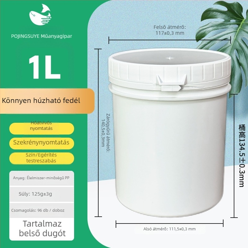 1L-es kerek hengeres műanyag üveg HDPE-ből, széles nyílású, fedéllel, élelmiszer-minőségű