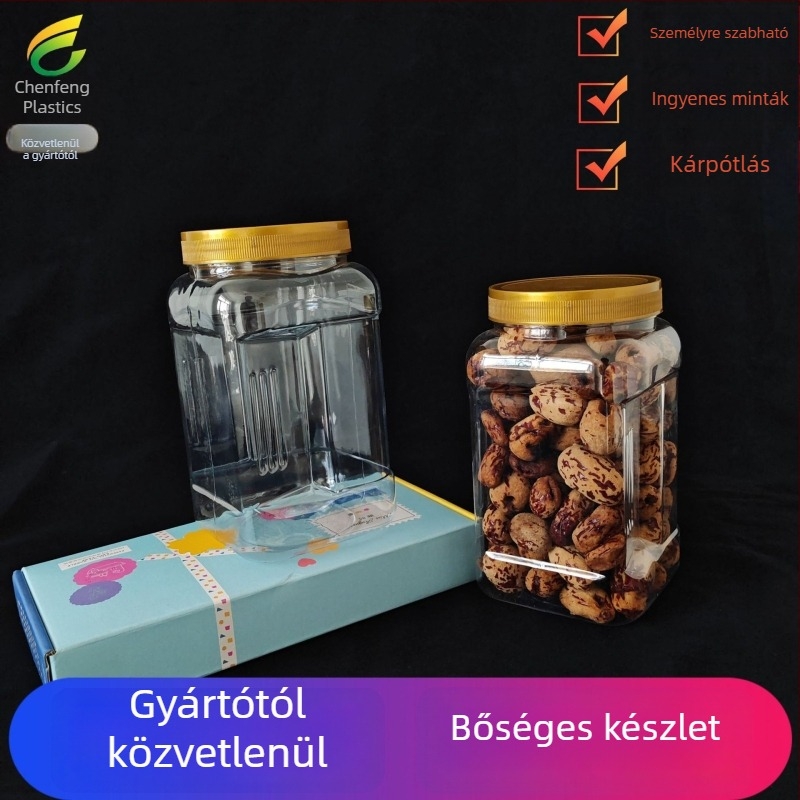 Négyzet alakú PET műanyag tégely, kapacitás 1200–1350 ml, magasság 173 mm, nyakátmérő 90 mm