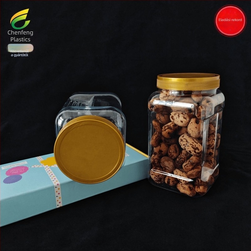 Négyzet alakú PET műanyag tégely, kapacitás 1200–1350 ml, magasság 173 mm, nyakátmérő 90 mm