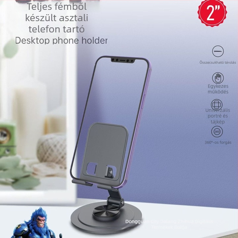 Fém asztali telefon-tartó, összecsukható, 360°-ban forgatható, kompakt, univerzális