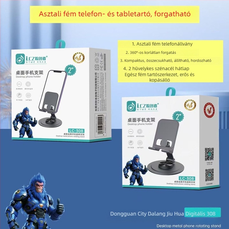 Fém asztali telefon-tartó, összecsukható, 360°-ban forgatható, kompakt, univerzális