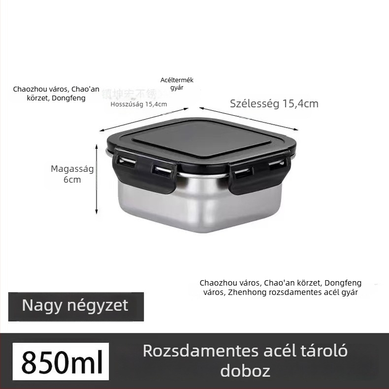 Rozsdamentes acél ebédes doboz, szigetelt, téglalap alakú, lezárható fedéllel, élelmiszer-minőségű